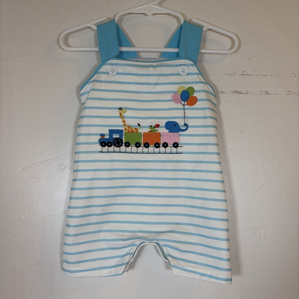 New Abby & Evie 6M Baby Striped Blue‎ Embroidered Train Animals Jon Jon Romper